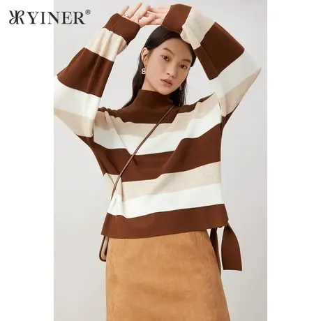 *YINER音儿奥莱女装秋季半高圆领拼色毛针织衫商品大图