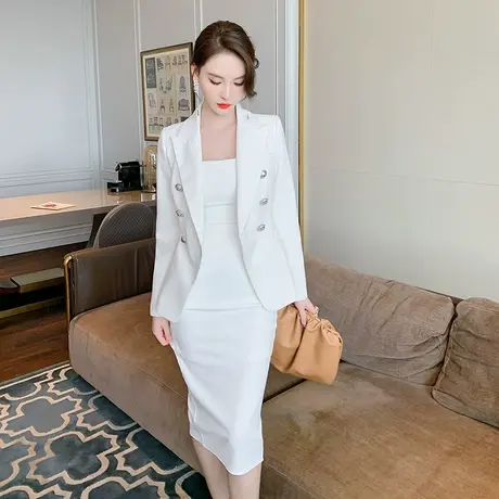 白色西装外套女时尚百搭休闲职业装高级感气质小众双排扣西服短款商品大图