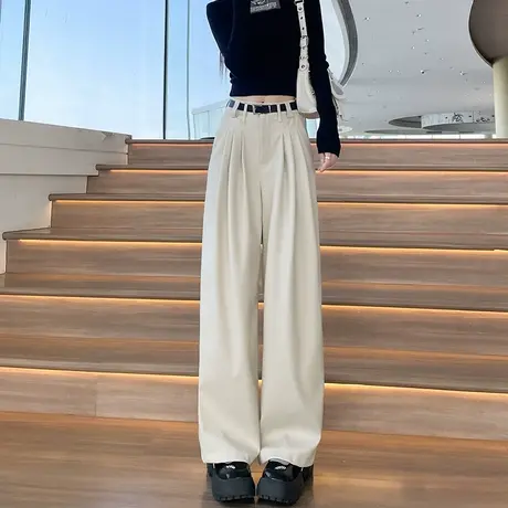 pu皮阔腿裤女春秋2024新款窄版高腰韩版直筒宽松皮裤杏色休闲裤子商品大图