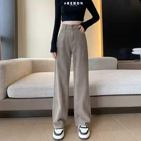 2024春秋新款窄版阔腿牛仔裤女宽松直筒垂感高腰显瘦咖啡色长裤商品大图