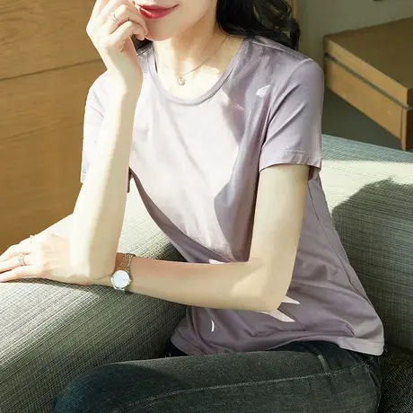 雀后纯棉夏装新款纯色T恤上衣女短袖圆领体恤宽松黑白打底衫夏季商品大图