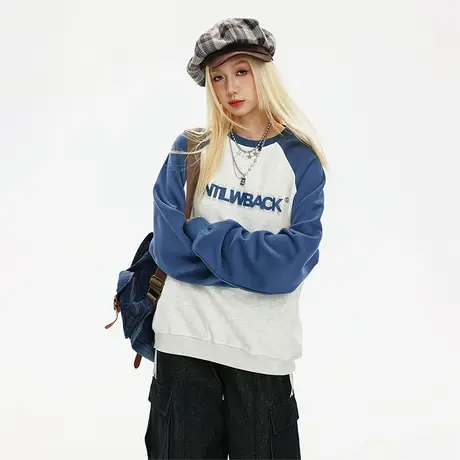 美式复古插肩袖卫衣女2023新款春秋ins潮牌拼接宽松oversize上衣商品大图