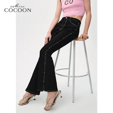 MISSCOCOON简约裤子2023春新款女装手工定制高腰喇叭显瘦牛仔裤商品大图