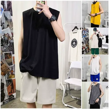 夏季新款背心外穿男纯色简约无袖t恤潮牌健身坎肩运动篮球衣服ins商品大图