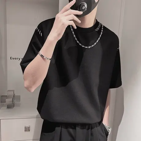 夏季男士t恤短袖宽松半袖潮流潮牌华夫格痞帅个性日系潮流ins体恤商品大图