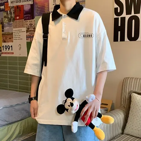 POLO衫男潮牌2024夏季休闲简约撞色翻领短袖t恤学院风设计感上衣商品大图