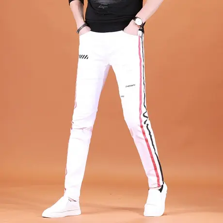 2020春季白色牛仔裤男潮牌修身小脚印花韩版潮流男士休闲长裤子图片