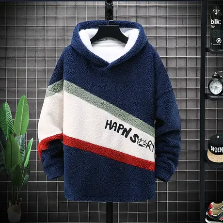 青少年卫衣男2023新款中学生冬季外套秋冬连帽加绒加厚羊羔绒潮流商品大图