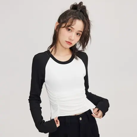 独特超显身材短款上衣女内搭设计感小众长袖圆领打底衫插肩袖t恤商品大图