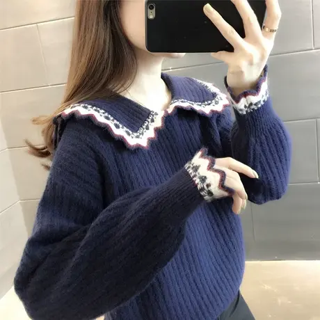 学院风娃娃领毛衣女2023秋冬新款韩版短款打底衫针织衫上衣爆款商品大图