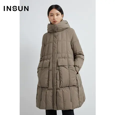 恩裳奥莱冬季休闲连帽大口袋宽松修长鹅绒羽绒服图片