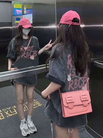 美式复古短袖t恤女潮牌夏季新款设计感小众水洗做旧纯棉宽松上衣商品大图