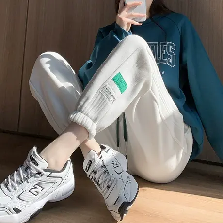 加绒米白色运动裤女秋冬季加厚小个子休闲裤宽松高腰显瘦束脚卫裤商品大图