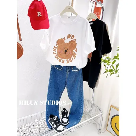 2023早春新款韩国东大门ins小熊半袖T恤磨毛加厚宽松上衣叠穿大码图片