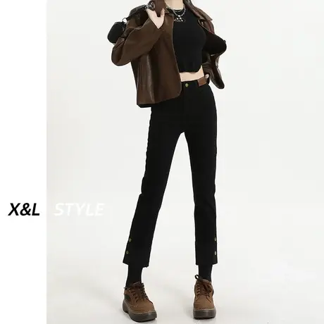 黑色拼接直筒牛仔裤女秋冬2023新款爆款裤子小个子显瘦弹力烟管裤商品大图