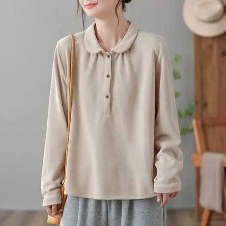 dza 复古宽松polo领长袖t恤女士秋冬洋气内搭打底衫休闲显瘦上衣商品大图