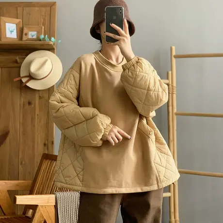 dza 复古拼接菱格套头棉衣女士2023冬季加厚保暖棉袄上衣宽松棉服图片