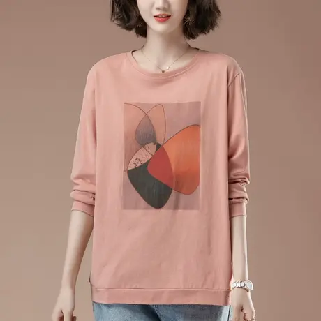 中年妈妈长袖t恤女春秋季新款加肥加大码女装宽松全棉显瘦打底衫图片