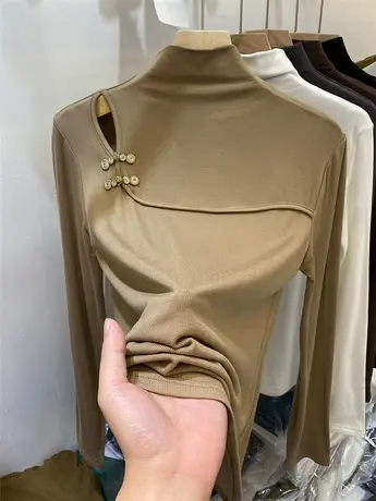 半高领镂空露肩国风纽扣t恤上衣女2023秋冬新款加薄绒打底衫上衣图片