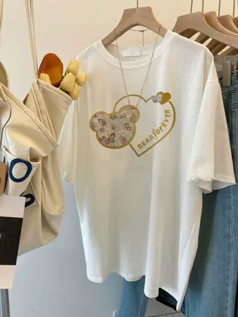 潮牌正肩仿棉短袖t恤女2023新款夏季小众设计感宽松大码女装上衣商品大图