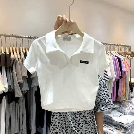 Polo领短袖t恤女2024新款夏装韩版百搭休闲半袖高腰显瘦短款上衣商品大图