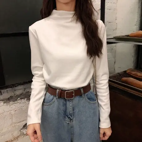 2024新款春秋冬季新款白色内搭洋气半高领打底衫长袖t恤女上衣服图片