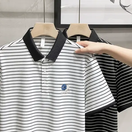 短袖t恤男2023夏装新款翻领POLO衫时尚潮牌冰感商务休闲条纹半袖商品大图