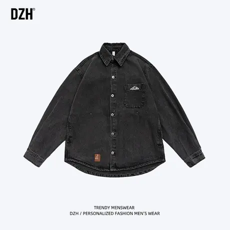 男士牛仔外套男春秋款2023新款潮牌宽松刺绣衬衫休闲百搭黑色寸衣商品大图