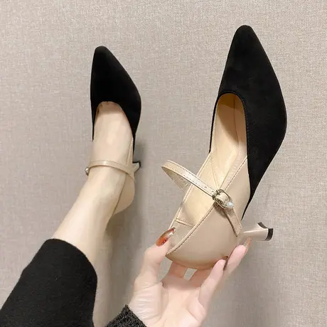 法式尖头细跟单鞋女2024春季新款小香风软皮拼色一字扣浅口高跟鞋图片