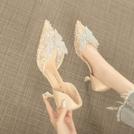 2024夏季凉鞋女新款百搭尖头仙女风蝴蝶结中空水钻细跟网纱高跟鞋商品大图