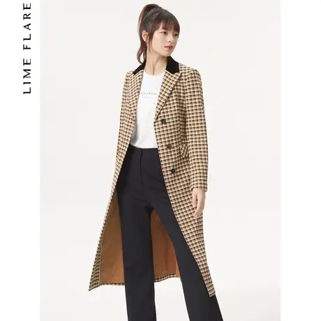 莱茵西装领单排扣格纹系带修身长款女士秋季新款风衣奥莱图片