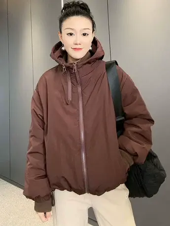 2023冬季爆款大气双拉链设计时尚连帽百搭气质加棉加厚棉服外套女图片