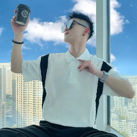 夏季短袖polo衫男ins潮牌个性时尚拼接T恤2023新款夏装潮流半袖商品大图