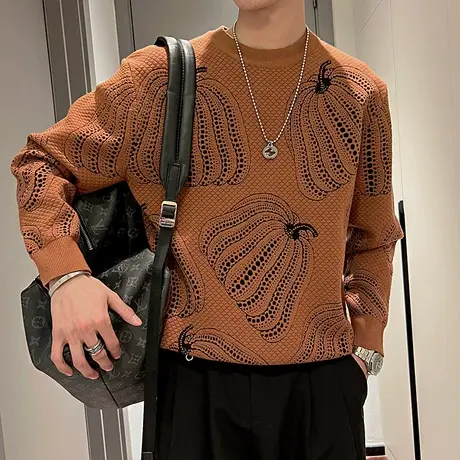 毛衣男冬季2023新款ins网红爆款针织衫个性南瓜提花修身内搭线衣商品大图