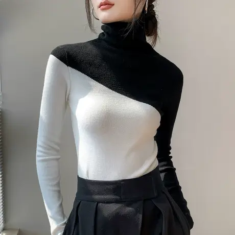 堆堆领打底衫女2023冬季新款修身羊毛内搭长袖针织衫拼色内搭上衣商品大图