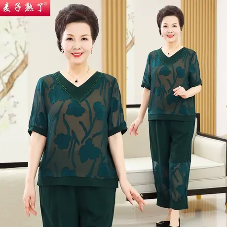 妈妈夏装套装洋气雪纺小衫短袖阔太太上衣新款两件套中老年女装春商品大图