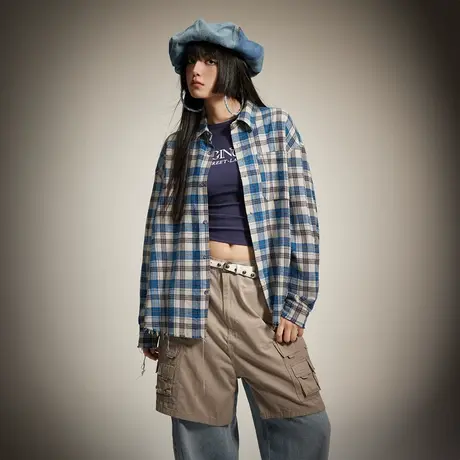 潮牌做旧复古毛边格子衬衫女2024年春季新款街头宽松oversize衬衣商品大图