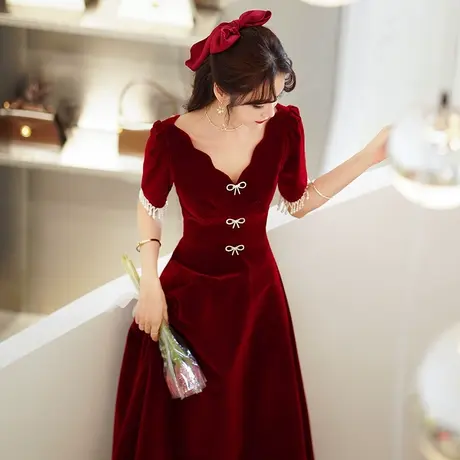 敬酒服新娘2023新款夏季丝绒V领结婚订婚回门礼服蝴蝶结长款钉珠商品大图
