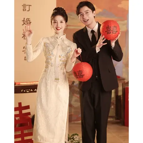 敬酒服2024新款新娘春季长袖出阁宴礼服女中式旗袍结婚订婚秀禾服图片