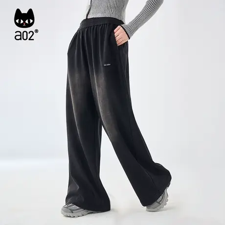 a02秋冬女士阔腿裤高腰宽松直筒做旧针织舒适亲肤水洗卫裤商品大图