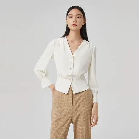LANCY/朗姿女装春季新款V领收腰衬衫女内搭气质外穿高级衬衣图片