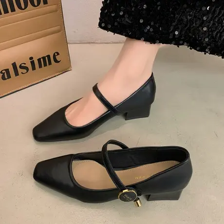 粗跟玛丽珍单鞋女鞋子2024新款春秋冬气质法式伴娘新娘鞋红色婚鞋商品大图