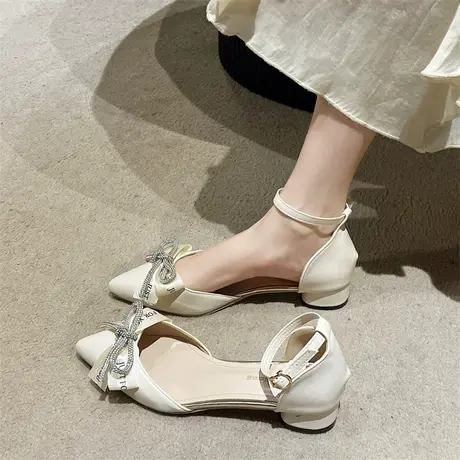 单鞋女2024春季新款尖头蝴蝶结水钻百搭瓢鞋配裙子轻便粗跟高跟鞋商品大图