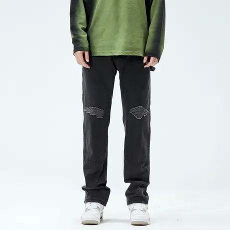 微喇美式黑色牛仔裤男潮牌春秋季休闲高个子加长版大码直筒裤子男商品大图