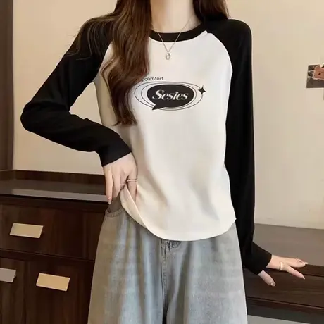 ins超火拼色插肩长袖T恤女春秋短款修身显瘦打底小衫内搭上衣服潮图片