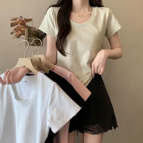 纯色简约U领正肩半袖T恤女夏季修身显瘦韩版百搭短袖上衣体恤潮商品大图