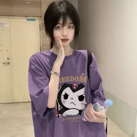 紫色纯棉重磅短袖t恤女多巴胺穿搭夏季潮牌美式复古宽松半袖上衣商品大图
