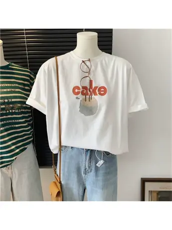 蛋糕印花棉质圆领宽松短袖百搭平价休闲春夏女款T恤衫半袖上衣服商品大图