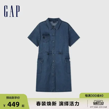 Gap女装2024春季新款松紧收腰短袖纽扣牛仔连衣裙工装裙872417图片
