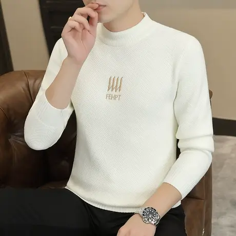 半高领海马水貂绒毛衣男士百搭秋冬季加厚打底针织衫保暖刺绣衣服商品大图